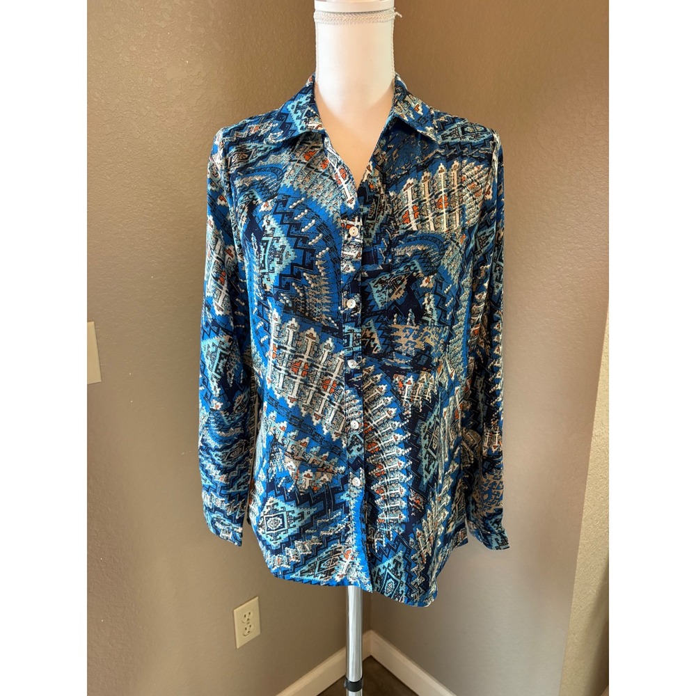 Sarah John Paris Womens Blue Geometric Tribal Print Button Down‎ Shirt Size M